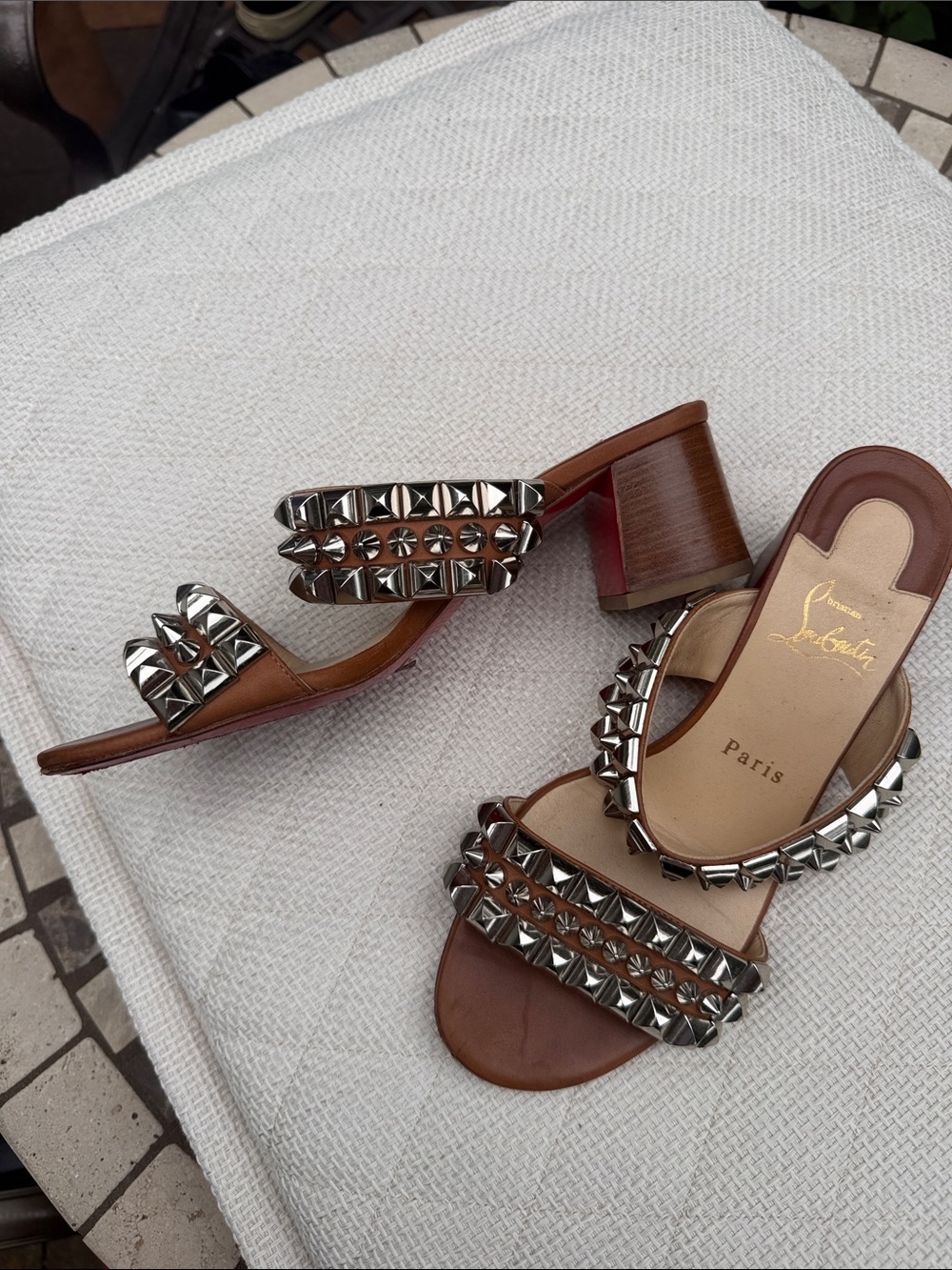 Christian Louboutin Brown Leather Studded Double-Strap Mules - Picture 2 of 5